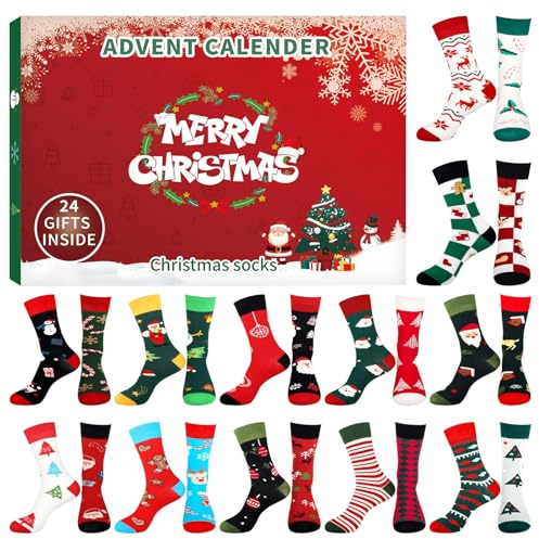 24 paires de chaussettes de Noël Calendrier de l'Avent 2025, compte à rebours de 24 jours, chaussettes de calendrier de Noël, idée cadeau parfaite pour hommes et femmes, chaussettes douillettes de