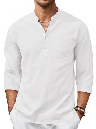 Runcati Mens Casual Henley Shirts 3/4 Sleeve Band Collar Cotton Linen Shirt Summer Beach Hippie T-Shirts with Pocket White