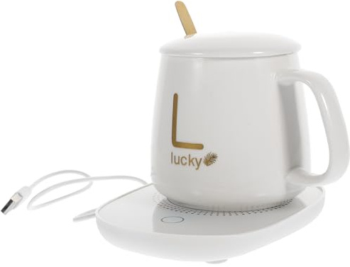 TOBBOMEY USB Thermostatic Beverage Warmer Mat Set with Gravity Sensor, Milk Heater for Babies, Cream White USB Cup Heating Pad for Coffee and Tea at Home Or Office