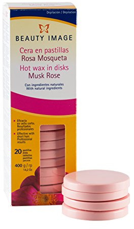 BEAUTY IMAGE Heißwachs Haarentfernungsplatte - Rosa Mosqueta - Wachs für Haarentfernung in Scheiben - Ohne Streifen - Effektiv bei Kurzen Haaren - Natürliche Inhaltsstoffe [20 Einheiten]