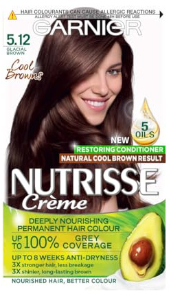 Garnier Nutrisse Ultra Crème Vegan Hair Dye, 5.12 Glacial Brown. Offers 100% grey coverage and cool, sophisticated 8-week colour. This no-ammonia, vegan formula cares for your hair while coloring.