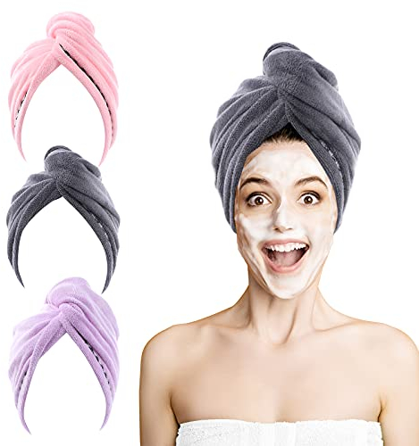 Microfaser Handtücher für die Haare, 3 Stück 65x25cm Haarturban Weiches Turban Handtuch mit Knopf Superabsorbierender Schnell Trocknendes Haarhandtuch