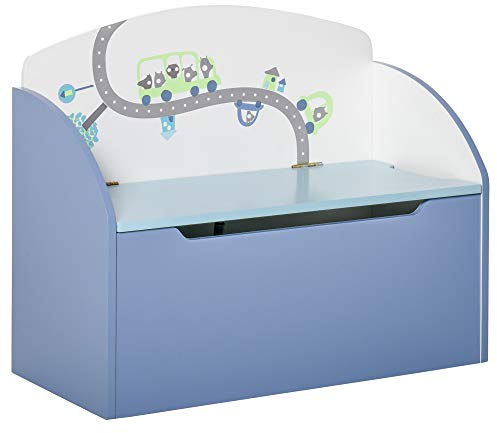 HOMCOM Panca Contenitore Portagiochi 2 in 1 in Legno, Cassapanca con Schienale per Bambini da 3-6 Anni, 60x30x50 cm, Blu