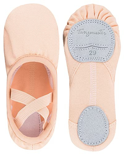 tanzmuster ® Ballettschuhe Mädchen Ballettschläppchen - Mika - Baumwoll-Stretcheinsatz, Geteilte Ledersohle, Rosa-Apricot, Größe 36