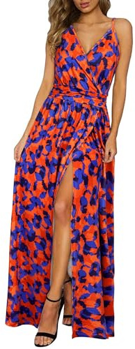 Newshows Vestido de Verano para Mujer Cuello en V Abertura Largo Maxi Elegante para Invitada de Boda Floral-49,M