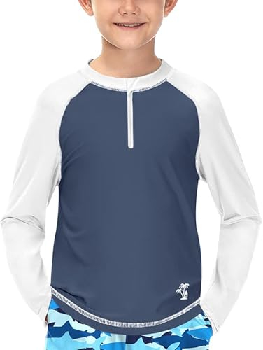 BesserBay Jungen Badeanzug SPF 50+ Lange Ärmel Rash Guard Schwimmshirt UV Badeshirt Weiß & blau 110