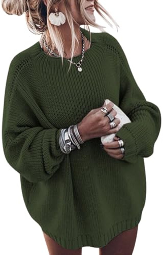 ORANDESIGNE Pull Femme Hiver Chaud Chic et Elegant Large Grosse Maille Ajourée Tricotée Pull-Over Sweatshirt Pull Chandail Manches Longues Décontractée Ample Knitted Sweater Vert armée M