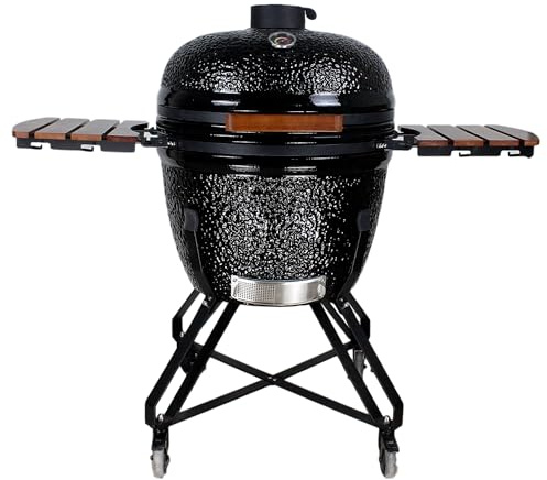 Sac Kamado 26 Ceramic BBQ Grill Oven, Charcoal Smoker, Black, Outdoor Cooker with Foldable Side Shelves, Large 395 sq inch Cooking Area