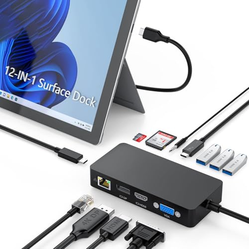 USB C Surface Dock, Triple Display (HDMI + DP + VGA) 12-in-1 Dockingstation für Surface Pro 10/9/8/X/7+/7, Surface Laptop Go 3/2/1, Surface Laptop 5/4/3, Surface Book 3/2, Surface Go 4/3/2