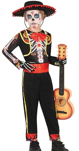 FIESTAS GUIRCA | Costume de Squelette Mariachi Enfant (5-6 ans) - Veste, Ceinture, Combinaison et Nœud Papillon - Costumes de Jour des Morts, Halloween et Fêtes Mexicaines - Idéal pour Enfants