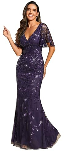 Ever-Pretty Women's Sequin Formal Dresses V-Neck Ruffles Sleeves Embroidery Mermaid Long Evening Prom Dress Deep Purple US18