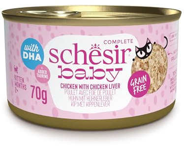 Schesir Baby, Filettini di Pollo con Fegato in Brodo, Alimento Umido Completo per Gattini, Grain Free, con DHA e Taurina, Fonte di Idratazione, 12 x 70 g