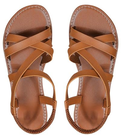 DuBiytlk Chaussures Pieds Larges Les Tropeziennes Sandales d'été à fond plat et bout rond pour femmes, bout ouvert, boucle à une ligne Sandale Plate Femme Chaussure Vintage (Brown, 39)