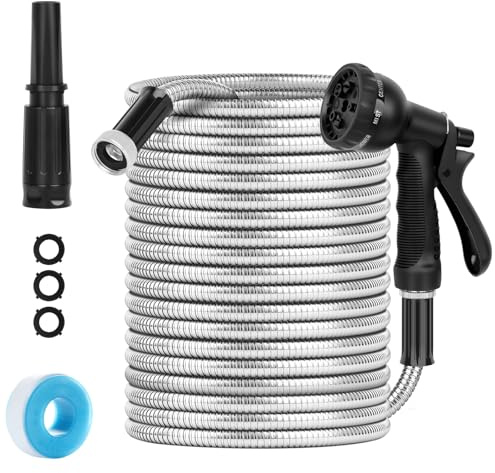 15M Edelstahlschlauch - 3/4 Zoll Anschluss mit 6-Wege- und 8-Wege-Brauseköpfen,Flexibler Gartenschlauch für Außenbereich,Durchstoßfest