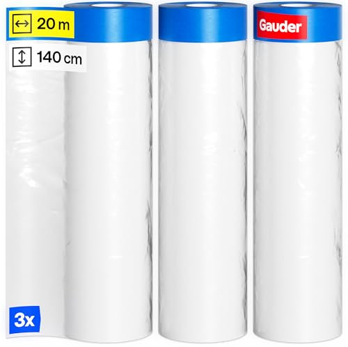GAUDER 3 Rouleaux de Masker avec Ruban de Masquage (140 cm x 20 m) | 84 m² de Film de Protection Pré-Adhésif | Lot de 3 pour Fenêtres, Portes et Interrupteurs