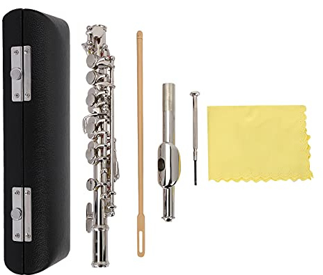 Silverpläterat flöjtinstrument, 16 -håls flauta tvärgående piccolo -kit med rengöringssats och bärfodral som är lämpligt för nybörjare flöjt piccolo c -uppsättning (Silver)