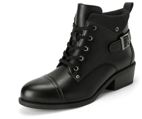 Athlefit Women's Ankle Boots Chunky Low Heel Short Black Boots Round Toe Comfortable Lace Up Zipper Dress Booties Size 5.5