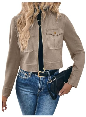 GORGLITTER Women's Going Out Jackets Zip Up Cropped Jacket Faux Suede Long Sleeve Crop Cargo Jacket Outerwear Trendy 2025 Apricot Medium