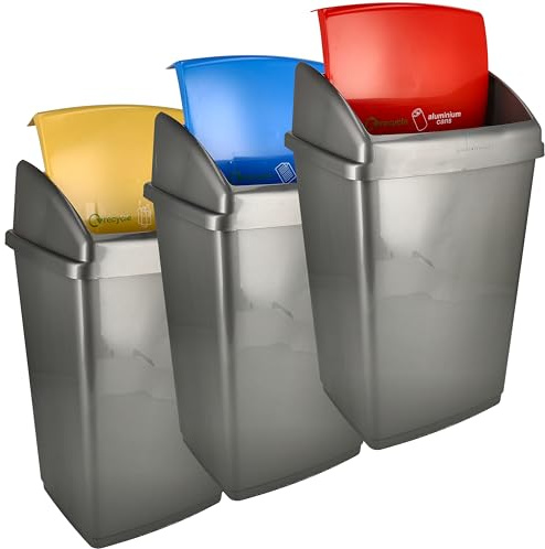 Juego de papeleras de reciclaje de 3 litros 50 litros - Bandeja de clasificación gris 50L con tapa amarilla, azul, roja - Ideal para separación de residuos