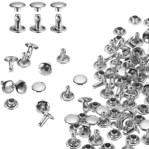 QUARKZMAN 80 uppsättningar 8 x 8 mm lädernitar, dubbla nitar hålnitar kolstål runt huvud snaps rörformade metallstift för bälte dekoration kläder gör-det-själv hantverk (silver)