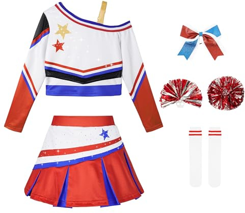 LOLANTA Costume da cheerleader scintillante per bambine con pompon, fiocco per capelli e calzini, travestimento, rosso, 10-11 anni, 150
