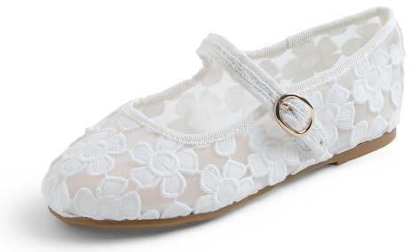 Feversole Lace Bailarinas Niña de Vestir Zapatos Cómodos para Ceremonias Ballet Flats Blanco Encaje EU 35