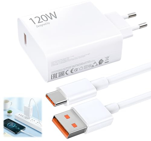 120 W USB-laddare, USB C med laddkabel, inklusive Turbo Hyper Charge snabbladdningsfunktion, kompatibel med Xiaomi 14T Pro/13 Lite/13/12T Redmi Note 14/11S/1/12Pro/POCO X6/6A USB-C-kabel, 1M