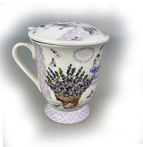 GMMH Taza de té con tapa, cuchara y colador de porcelana para té a granel o bolsa (flor)