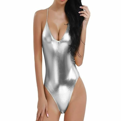 BODYWEAR LTD Dam glänsande metallisk våt look ärmlös sexig bodysuit – balett, dans, gymnastik stringtrikå, SILVER, M/L