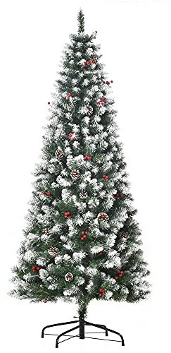 HOMCOM Albero di Natale Innevato Artificiale 180cm con Bacche Rosse e Pigne Bianche, Base Rimovibile Pieghevole, 618 Rami