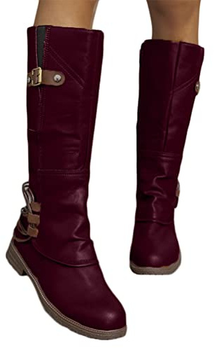 ticticlily Botte Hautes Femme Botte Talon Plat Causal Zippées Hiver Longue Boots Confortable Botte Equitation B Rouge 38 EU