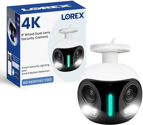 Lorex 4K 8MP IP Wired Dual Lens Outdoor Security Camera - Smart Security Lighting, Smart Motion Detection, 180° Panoramic View, Auto Framing, Color Night Vision, 2-Way Talk, IP67 Weatherproof