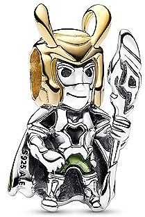 PANDORA Moments Marvel Loki Charm aus Sterling Silber mit 14 Karat vergoldeter Metalllegierung, Kompatibel Moments Armbänder, 762764C01