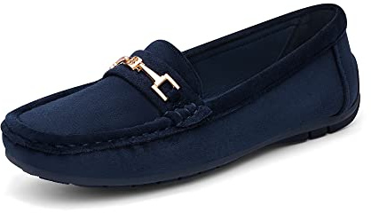 DREAM PAIRS Women's Loafers Ladies' Moccasins Slip-on | Smooth lining, padded, TPR nubbed sole, moc-toe, suede leather, gold accent