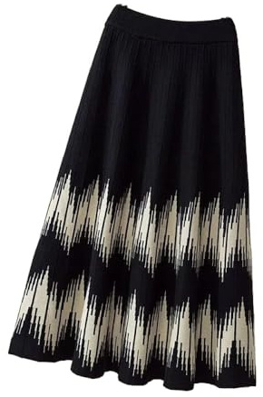 Knitted Skirts for Women - Autumn Winter Women's Casual Black Geometric Pattern Knitted Skirt Color Block Elastic High Waist Swing Midi Skirts