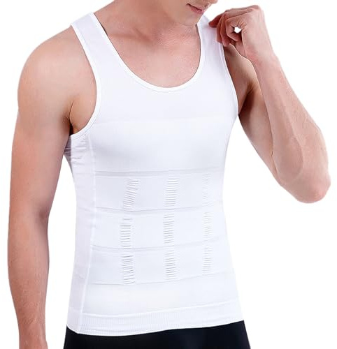 XNIVUIS Singlet, Men's Compression Shirt Sleeveless Slimming Vest, Undershirt Singlet Sleeveless, Slimming Shirt Body Shaper Abs Abdomen Shaperwear Seamless, One Size (White)