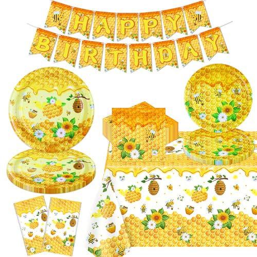 123 stycken bin partytillbehör bi tema födelsedag partydekorationer set honung bi grattis på födelsedagen innehåller tallrikar, servetter, födelsedagsbanderoller, bordsduk för 40 gäster