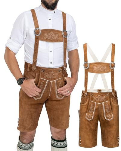 Schöneberger Trachten Couture Herren Lederhose mit Hosenträger – Original Trachtenhose braun, Trachtenlederhose kurz für Oktoberfest Hans (58)