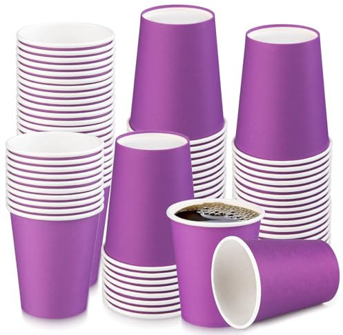 BUOKKON 100 Pack 8oz Purple Paper Cups for Hot & Cold Drinks Compostable Disposable Coffee/Tea Cups for Party DIY Holiday Wedding Birthday Activities