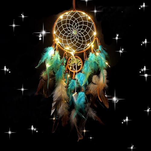 Dreamcatcher Traumfänger mit LED Licht, Federn Traumfänger Klein Dream Catchers für Wandbehang Wohnkultur Ornamente Handwerk, Boho Handgemachte Dream Catchers Dekoration (Blau)