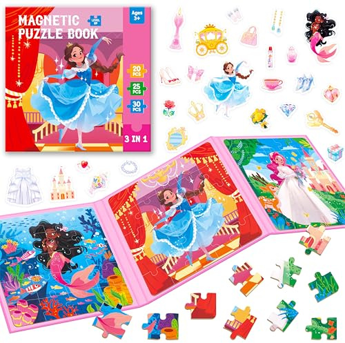 Magnetiska pussel för barn från 3–5 år, 3 resepussel med 20/25/30 delar, Sudoku-pusselspel, magnetiska pussel (prinsesstema)