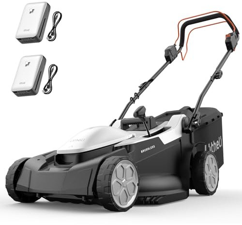 Litheli Cortacésped eléctrico autopropulsado, 2 x 20 V, 43 cm de ancho de corte, 500 m², cesta de 40 L, 25-75 mm de altura de corte, 2 baterías de 4,0 Ah