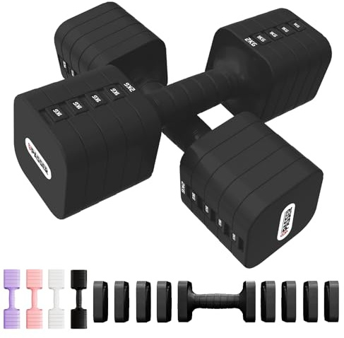 20KG Pesas y Mancuernas Ajustables 5 en 1, Par de 2 (Cada una Regulable a 2/4/6/8/10 kg), Pesas Ajustables para Mujeres y Hombres, Gym Dumbbell Set, Ideal para Entrenamiento Gimnasio en Casa -Negro