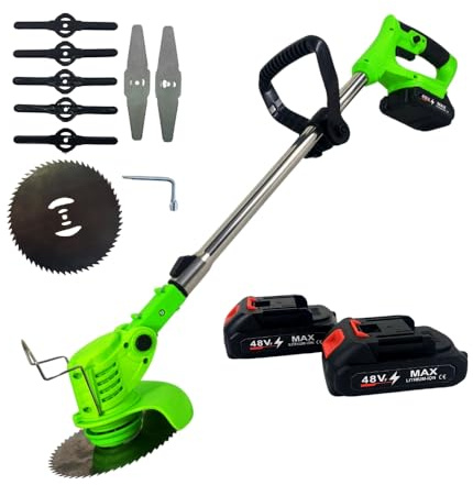 Decespugliatore a Batteria 21V Tagliabordi a Batteria, Tagliaerba Elettrico con 2 Batterie e 3 Tipi di Lame, Altezza Regolabile 90-120 cm per Prati e Arbusti