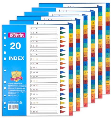 FUYOAL File Dividers A4, 6 Pack 20 Part A-Z Folder Dividers Coloured Multi Hole Plastic Binder Dividers for Lever Arch Files Office School Index Dividers