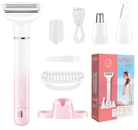 VGR 611 Afeitadora Eléctrica 3 En 1 Para Mujer, Afeitadora Inalámbrica Con Recortador De Vello Nasal Y Recortador De Vello Facial, Recargable, Depilación Suave Para Piernas, Axilas, Bikini Y Cara