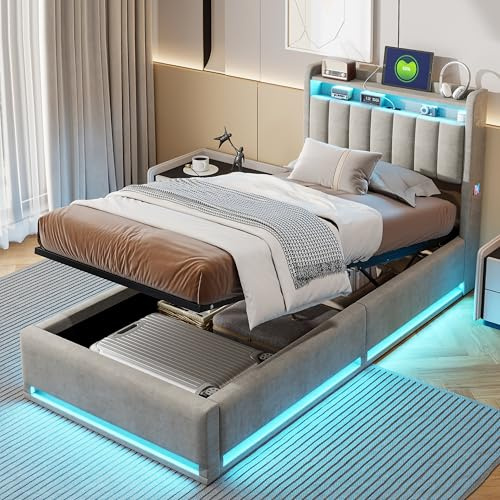 BPKADHY Kåpsäng, 90 x 200 cm, med LED-belysning och USB-C-port, hydraulisk, med förvaringsutrymme och sänggavel, enkelsängsram med lamellbotten, i grå sammet, utan madrass