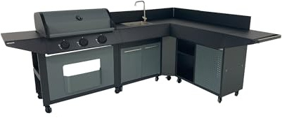 Cook'in Garden – Cocina exterior Gas BURN, Barbacoa modular con ángulo, 3 quemadores, varias configuraciones posibles, Derecho, Ángulo Izquierdo o Derecho, Ruedas Multidireccionales