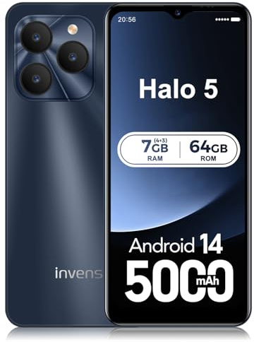 invens Halo 5 Handy Ohne Vertrag - 7GB(4+3)+64GB /256GB Smartphone Ohne Vertrag Android 14, 6,52 Zoll Bildschirm 5000mAh Handy Günstig, 16MP+8MP Kamera, 4G Dual SIM/Face ID/GPS/3.5mm Jack, Dunkelblau