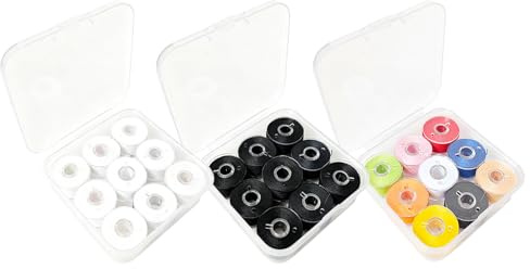 Juego de hilos de bobina 3 en 1 con caja de almacenamiento, poliéster, 9 colores vibrantes, blanco y negro, tamaño estándar universal, para máquinas de coser domésticas